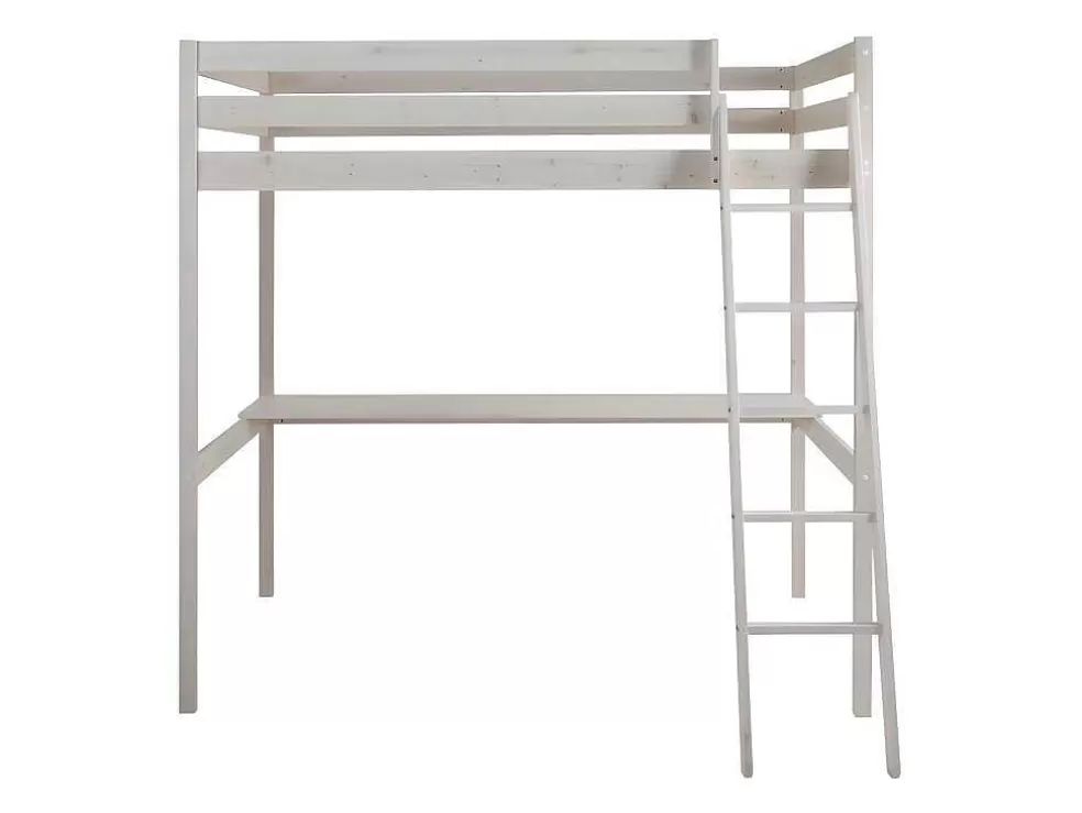 Vente-unique Cama Alta Com Posto De Trabalho 140X190 Cm Em Pinho Macico Branqueado - Gedeon* Cama Alta