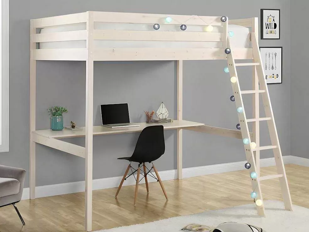 Vente-unique Cama Alta Com Posto De Trabalho 140X190 Cm Em Pinho Macico Branqueado - Gedeon* Cama Alta