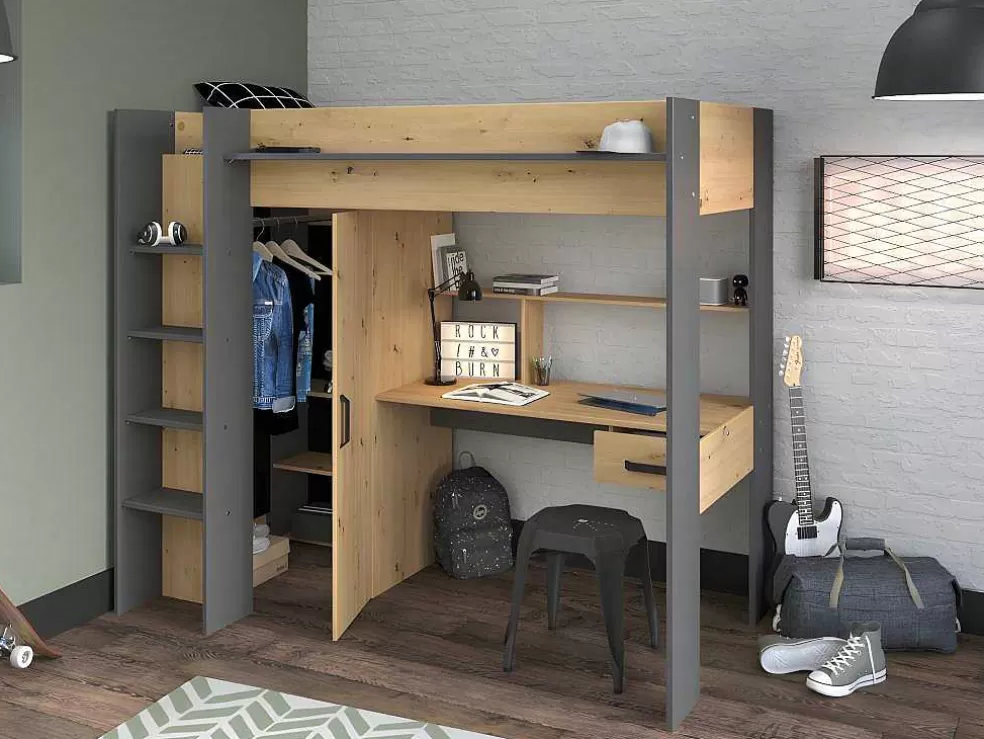 Vente-unique Cama Alta Com Secretária E Armário De 90 X 200 Cm Cor Carvalho E Antracite - Auckland* Cama Alta