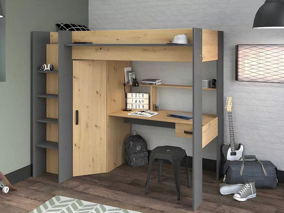 Vente-unique Cama Alta Com Secretária E Armário De 90 X 200 Cm Cor Carvalho E Antracite - Auckland* Cama Alta
