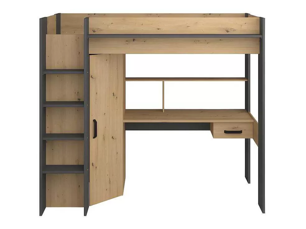 Vente-unique Cama Alta Com Secretária E Armário De 90 X 200 Cm Cor Carvalho E Antracite - Auckland* Cama Alta