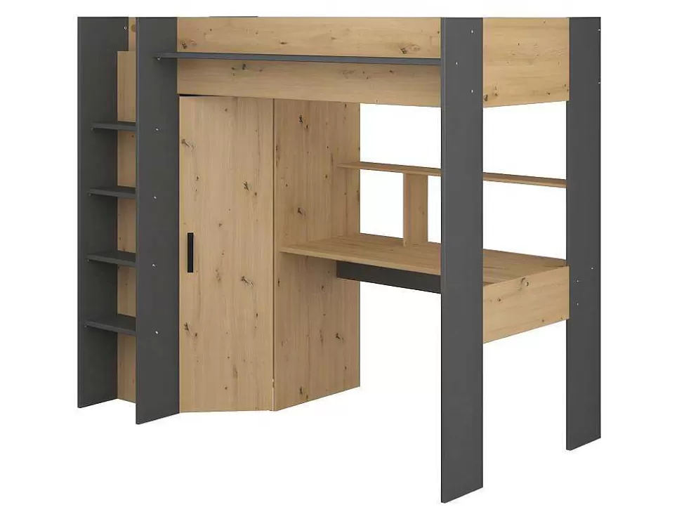 Vente-unique Cama Alta Com Secretária E Armário De 90 X 200 Cm Cor Carvalho E Antracite - Auckland* Cama Alta