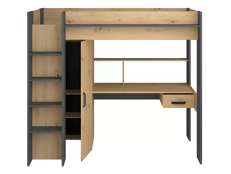 Vente-unique Cama Alta Com Secretária E Armário De 90 X 200 Cm Cor Carvalho E Antracite - Auckland* Cama Alta
