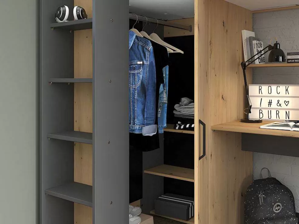 Vente-unique Cama Alta Com Secretária E Armário De 90 X 200 Cm Cor Carvalho E Antracite - Auckland* Cama Alta