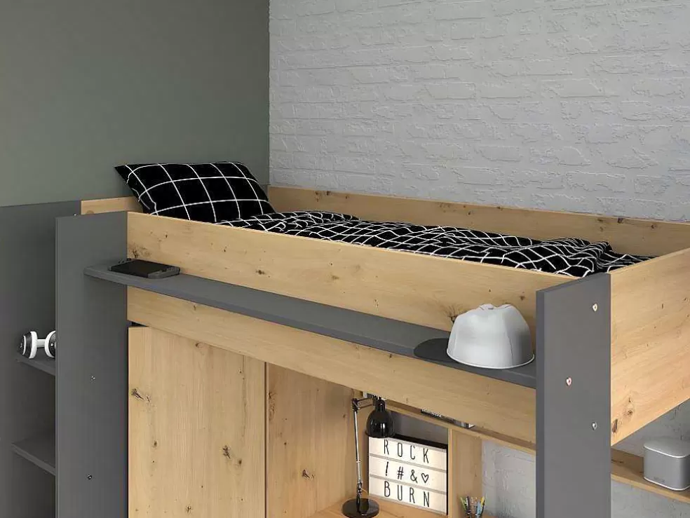 Vente-unique Cama Alta Com Secretária E Armário De 90 X 200 Cm Cor Carvalho E Antracite - Auckland* Cama Alta
