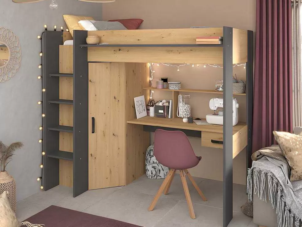 Vente-unique Cama Alta Com Secretária E Armário De 90 X 200 Cm Cor Carvalho E Antracite + Colchão - Auckland* Cama Alta