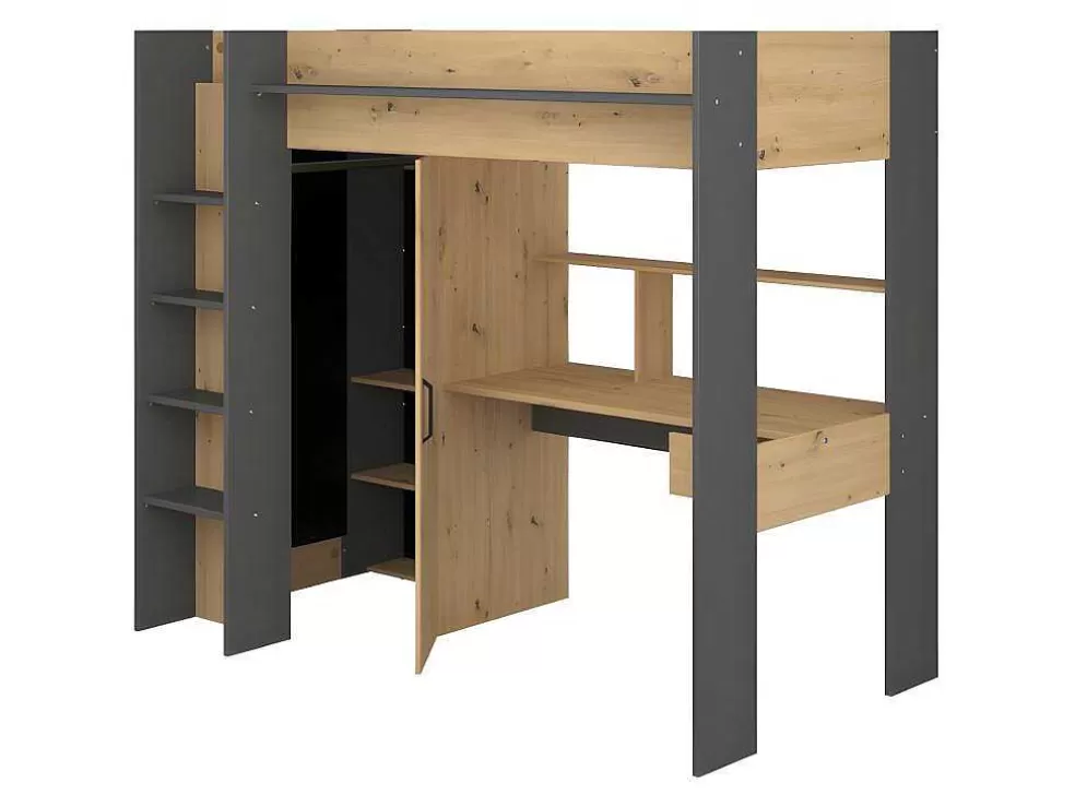 Vente-unique Cama Alta Com Secretária E Armário De 90 X 200 Cm Cor Carvalho E Antracite + Colchão - Auckland* Cama Alta
