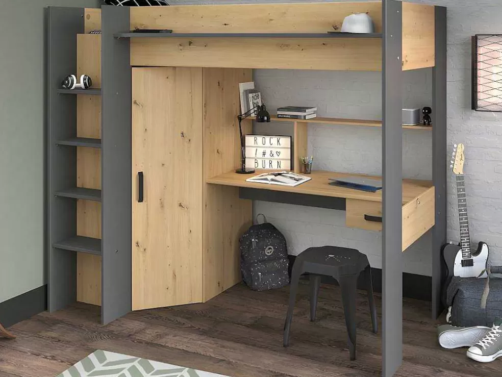 Vente-unique Cama Alta Com Secretária E Armário De 90 X 200 Cm Cor Carvalho E Antracite + Colchão - Auckland* Cama Alta