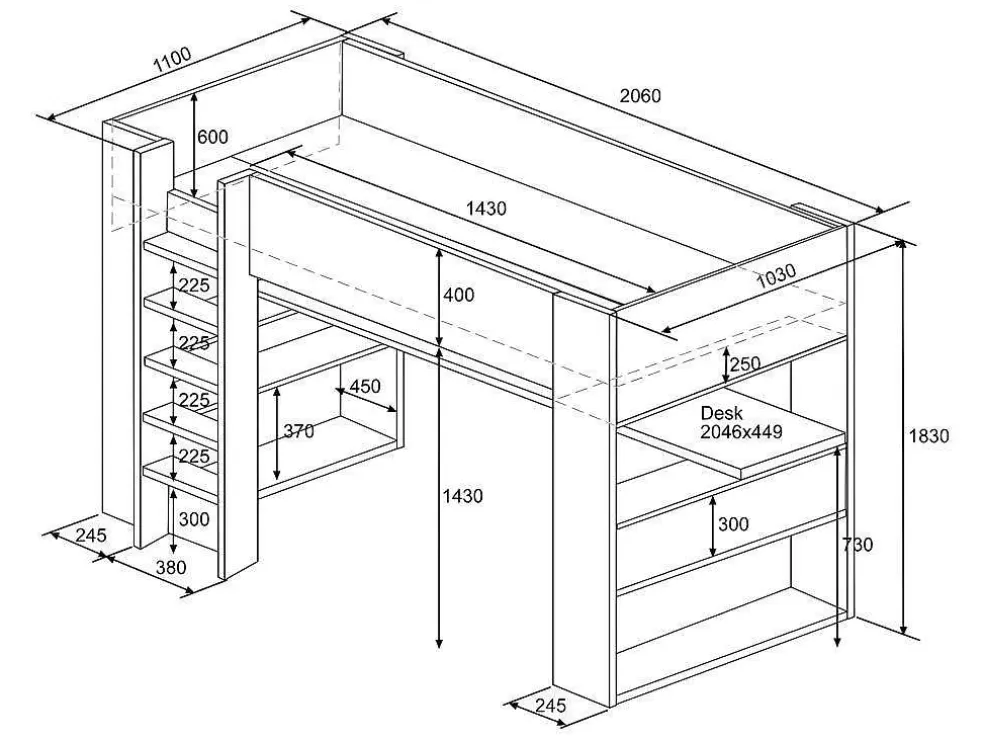 Vente-unique Cama Alta Com Secretária E Arrumação Integradas 90X200 Cm Carvalho - Noah* Cama Alta