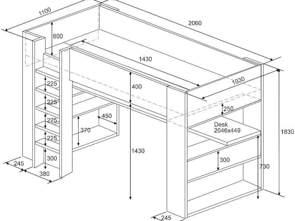 Vente-unique Cama Alta Com Secretária E Arrumação Integradas 90X200 Cm Carvalho - Noah* Cama Alta