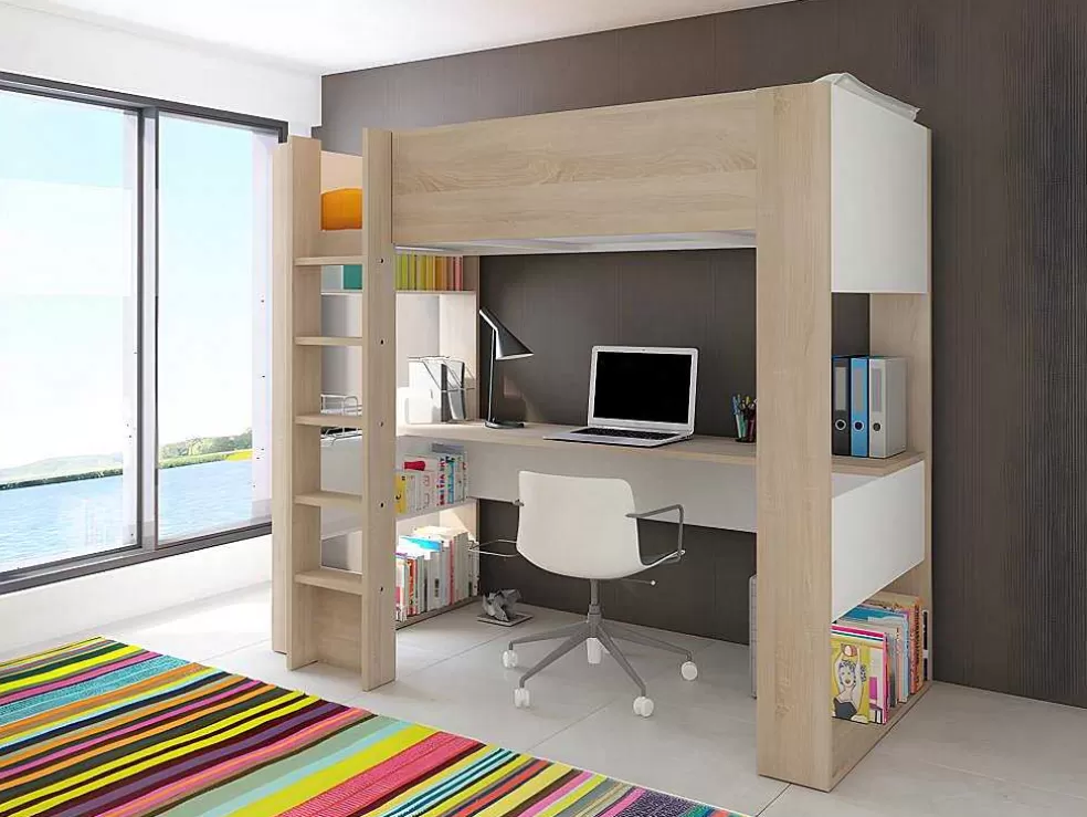 Vente-unique Cama Alta Com Secretária E Arrumação Integradas 90X200 Cm Carvalho - Noah* Cama Alta