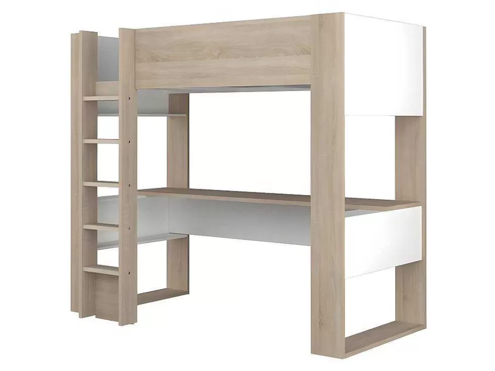 Vente-unique Cama Alta Com Secretária E Espacos De Arrumação Integrados 90 X 200 Cm Carvalho E Branco + Colchão - Noah Ii* Cama Alta