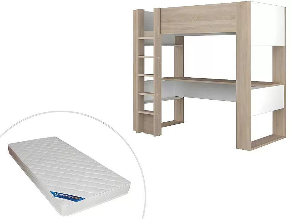 Vente-unique Cama Alta Com Secretária E Espacos De Arrumação Integrados 90 X 200 Cm Carvalho E Branco + Colchão - Noah Ii* Cama Alta