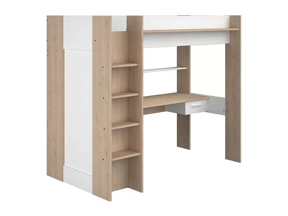 Vente-unique Cama Alta Com Secretária E Guarda-Roupa 90 X 200 Cm Cor Branco E Natural - Auckland* Cama Alta