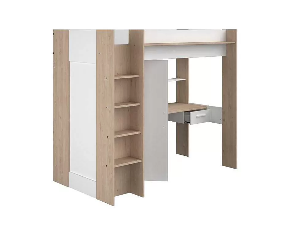 Vente-unique Cama Alta Com Secretária E Guarda-Roupa 90 X 200 Cm Cor Branco E Natural - Auckland* Cama Alta