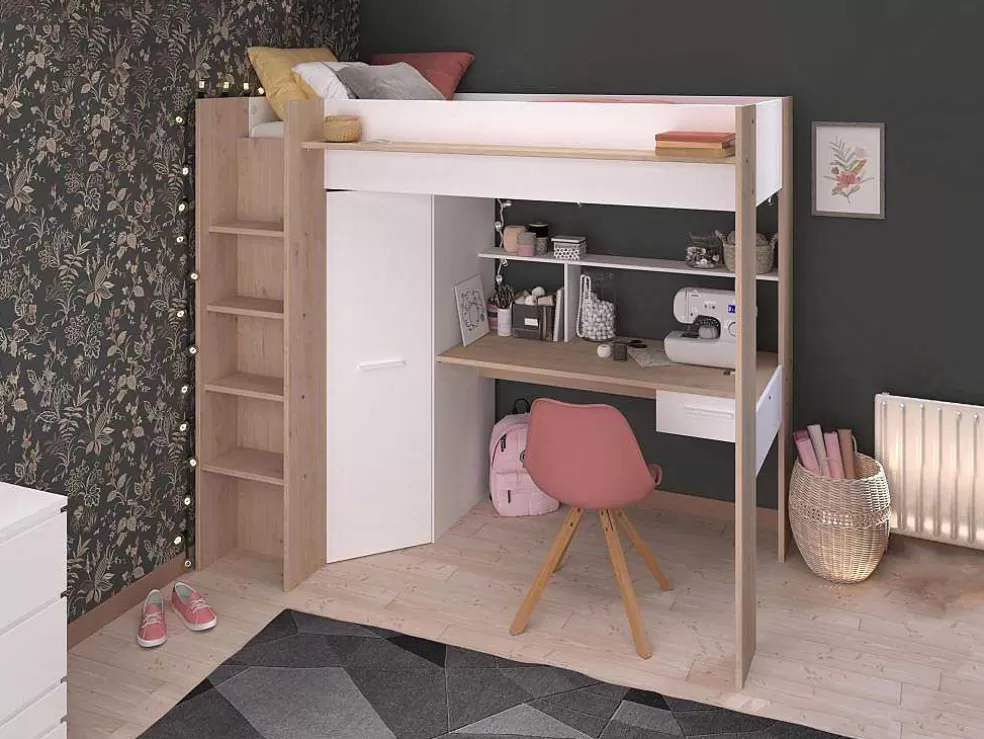 Vente-unique Cama Alta Com Secretária E Guarda-Roupa 90 X 200 Cm Cor Branco E Natural - Auckland* Cama Alta