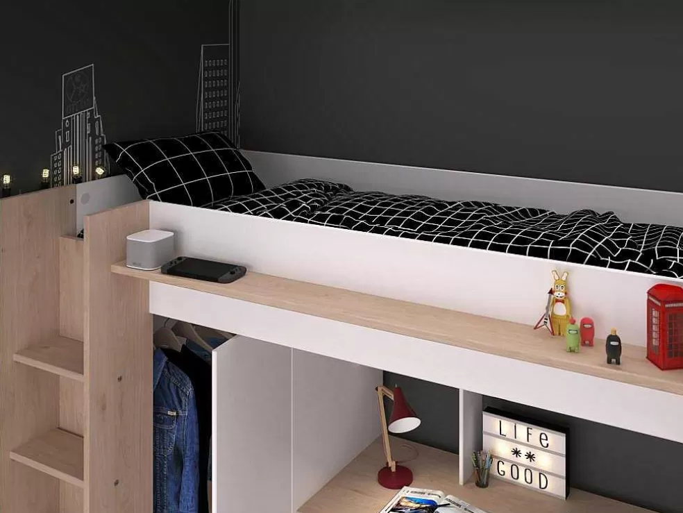 Vente-unique Cama Alta Com Secretária E Guarda-Roupa 90 X 200 Cm Cor Branco E Natural - Auckland* Cama Alta