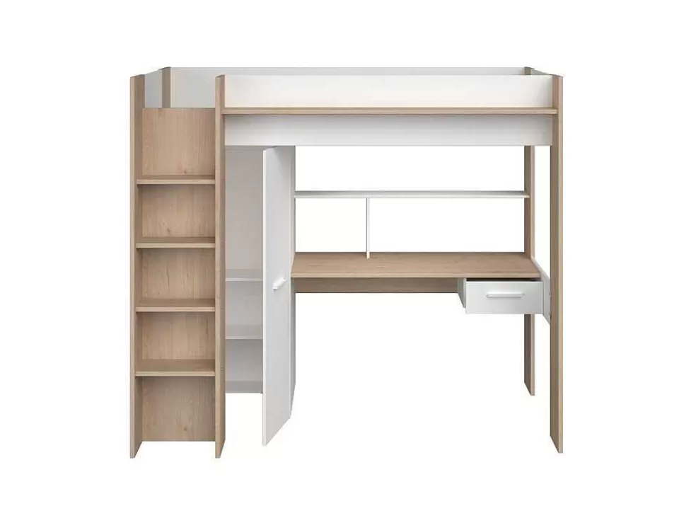 Vente-unique Cama Alta Com Secretária E Guarda-Roupa 90 X 200 Cm Cor Branco E Natural - Auckland* Cama Alta