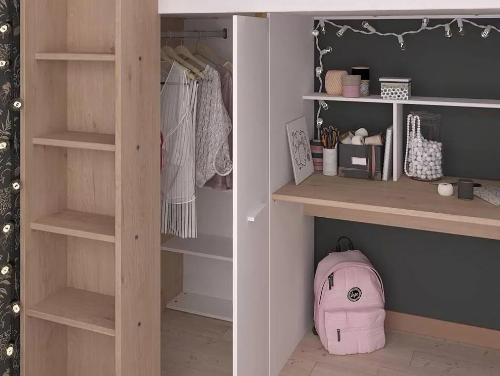 Vente-unique Cama Alta Com Secretária E Guarda-Roupa 90 X 200 Cm Cor Branco E Natural - Auckland* Cama Alta