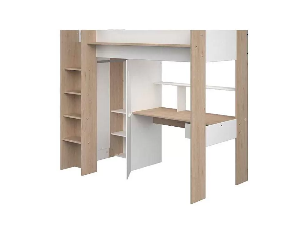 Vente-unique Cama Alta Com Secretária E Guarda-Roupa 90 X 200 Cm Cor Branco E Natural - Auckland* Cama Alta