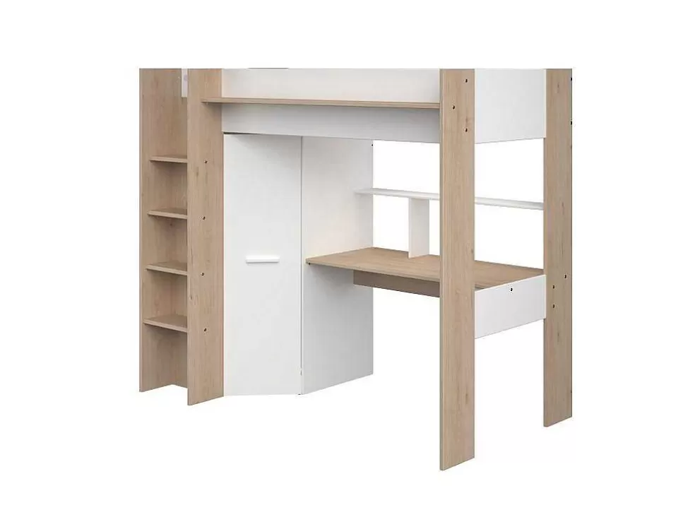 Vente-unique Cama Alta Com Secretária E Guarda-Roupa 90 X 200 Cm Cor Branco E Natural + Colchão - Auckland* Cama Alta