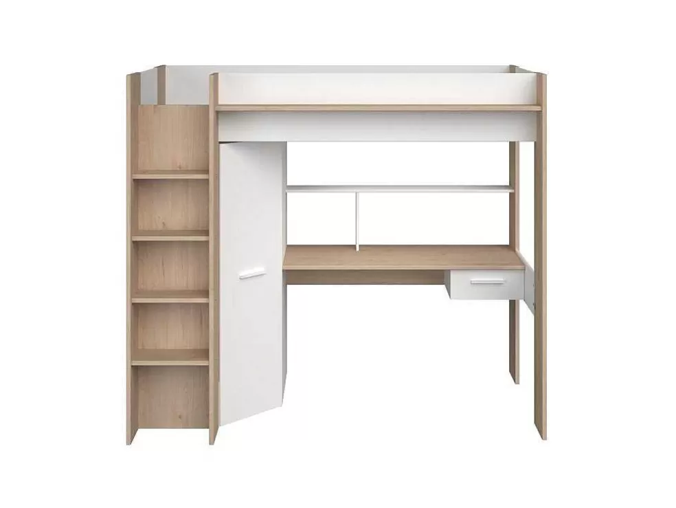 Vente-unique Cama Alta Com Secretária E Guarda-Roupa 90 X 200 Cm Cor Branco E Natural + Colchão - Auckland* Cama Alta