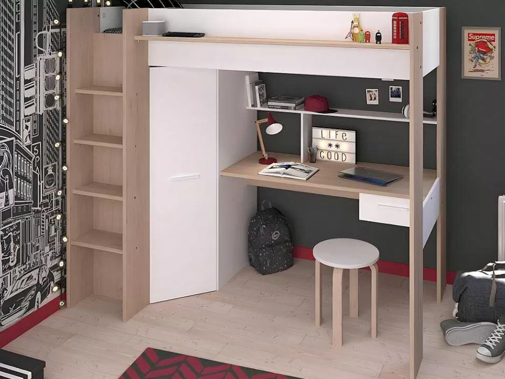 Vente-unique Cama Alta Com Secretária E Guarda-Roupa 90 X 200 Cm Cor Branco E Natural + Colchão - Auckland* Cama Alta