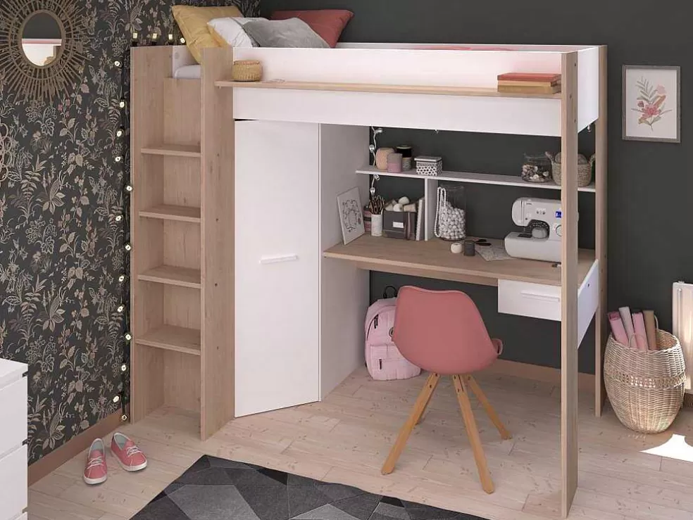 Vente-unique Cama Alta Com Secretária E Guarda-Roupa 90 X 200 Cm Cor Branco E Natural + Colchão - Auckland* Cama Alta