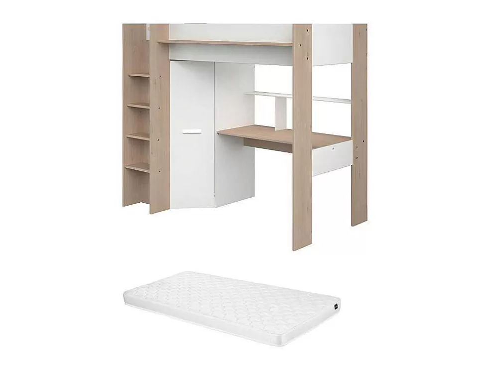 Vente-unique Cama Alta Com Secretária E Guarda-Roupa 90 X 200 Cm Cor Branco E Natural + Colchão - Auckland* Cama Alta