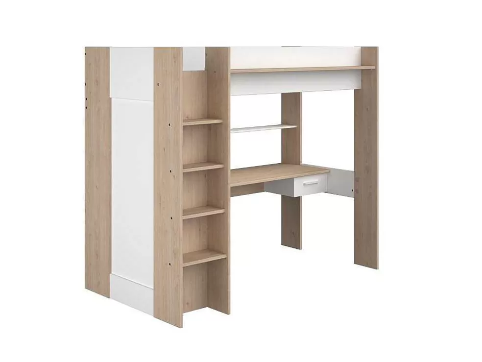 Vente-unique Cama Alta Com Secretária E Guarda-Roupa 90 X 200 Cm Cor Branco E Natural + Colchão - Auckland* Cama Alta