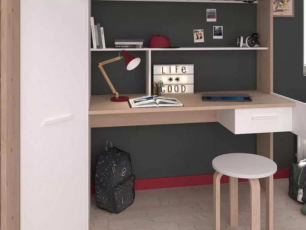 Vente-unique Cama Alta Com Secretária E Guarda-Roupa 90 X 200 Cm Cor Branco E Natural + Colchão - Auckland* Cama Alta