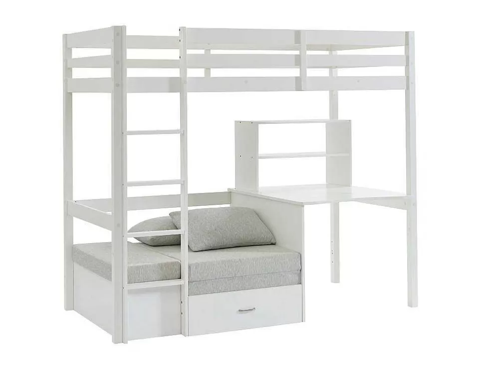 Vente-unique Cama Alta Com Secretária, Sofá Convertivel E Espacos De Arrumação De 90 X 200 Cm Em Pinho Macico Cor Esbranquicado - Goliath Iii* Cama De Criança