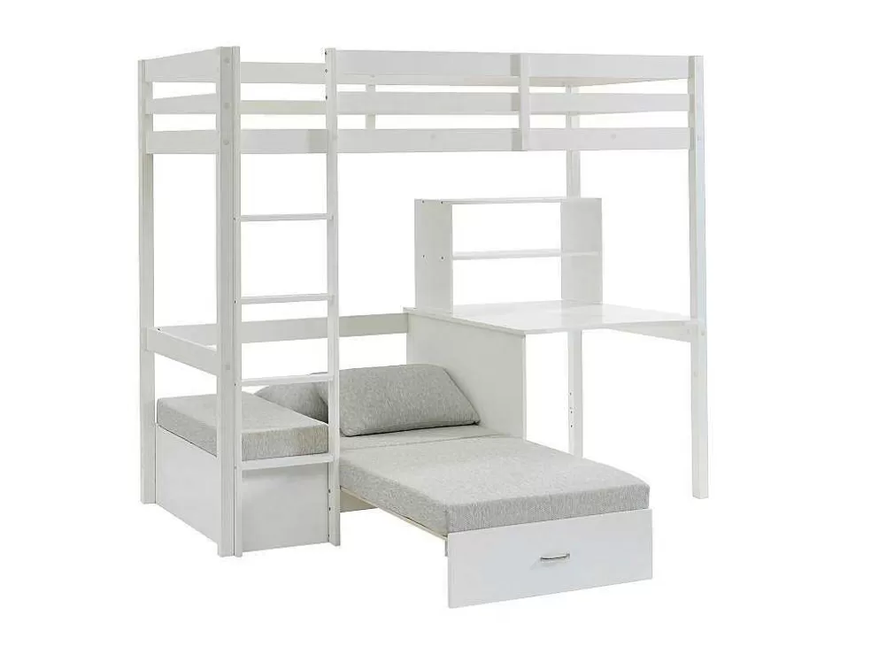 Vente-unique Cama Alta Com Secretária, Sofá Convertivel E Espacos De Arrumação De 90 X 200 Cm Em Pinho Macico Cor Esbranquicado - Goliath Iii* Cama De Criança
