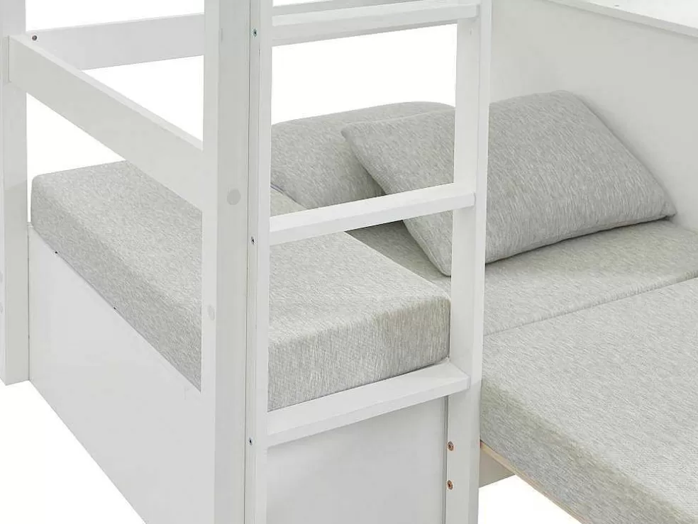 Vente-unique Cama Alta Com Secretária, Sofá Convertivel E Espacos De Arrumação De 90 X 200 Cm Em Pinho Macico Cor Esbranquicado - Goliath Iii* Cama De Criança