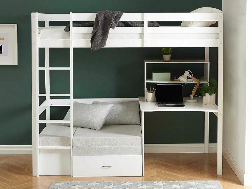 Vente-unique Cama Alta Com Secretária, Sofá Convertivel E Espacos De Arrumação De 90 X 200 Cm Em Pinho Macico Cor Esbranquicado - Goliath Iii* Cama De Criança