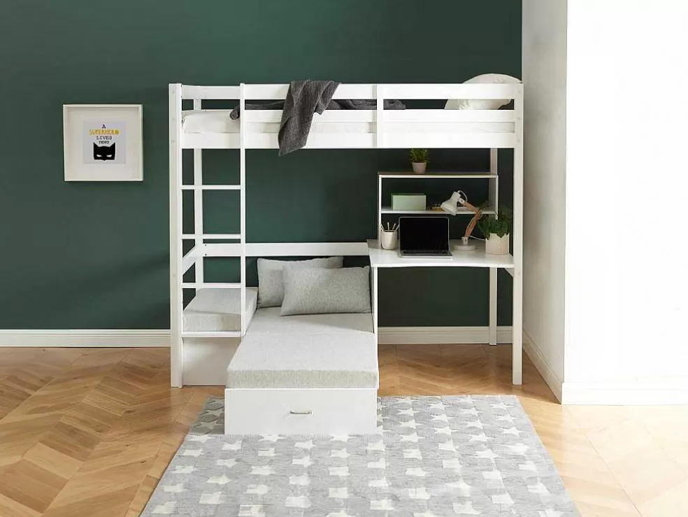 Vente-unique Cama Alta Com Secretária, Sofá Convertivel E Espacos De Arrumação De 90 X 200 Cm Em Pinho Macico Cor Esbranquicado - Goliath Iii* Cama De Criança