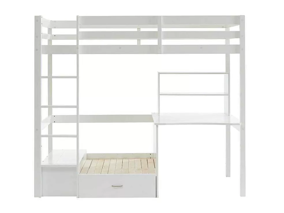 Vente-unique Cama Alta Com Secretária, Sofá Convertivel E Espacos De Arrumação De 90 X 200 Cm Em Pinho Macico Cor Esbranquicado - Goliath Iii* Cama De Criança