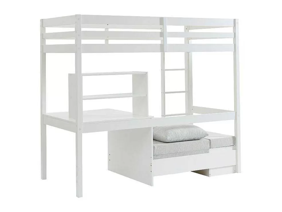 Vente-unique Cama Alta Com Secretária, Sofá Convertivel E Espacos De Arrumação De 90 X 200 Cm Em Pinho Macico Cor Esbranquicado - Goliath Iii* Cama De Criança