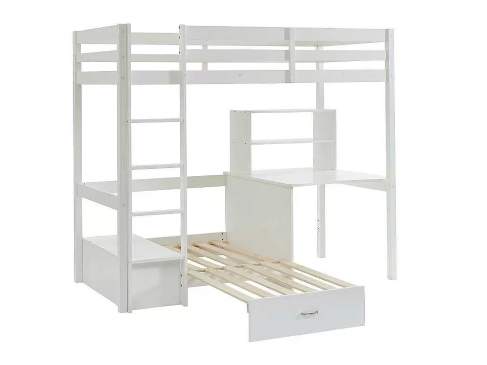 Vente-unique Cama Alta Com Secretária, Sofá Convertivel E Espacos De Arrumação De 90 X 200 Cm Em Pinho Macico Cor Esbranquicado - Goliath Iii* Cama De Criança