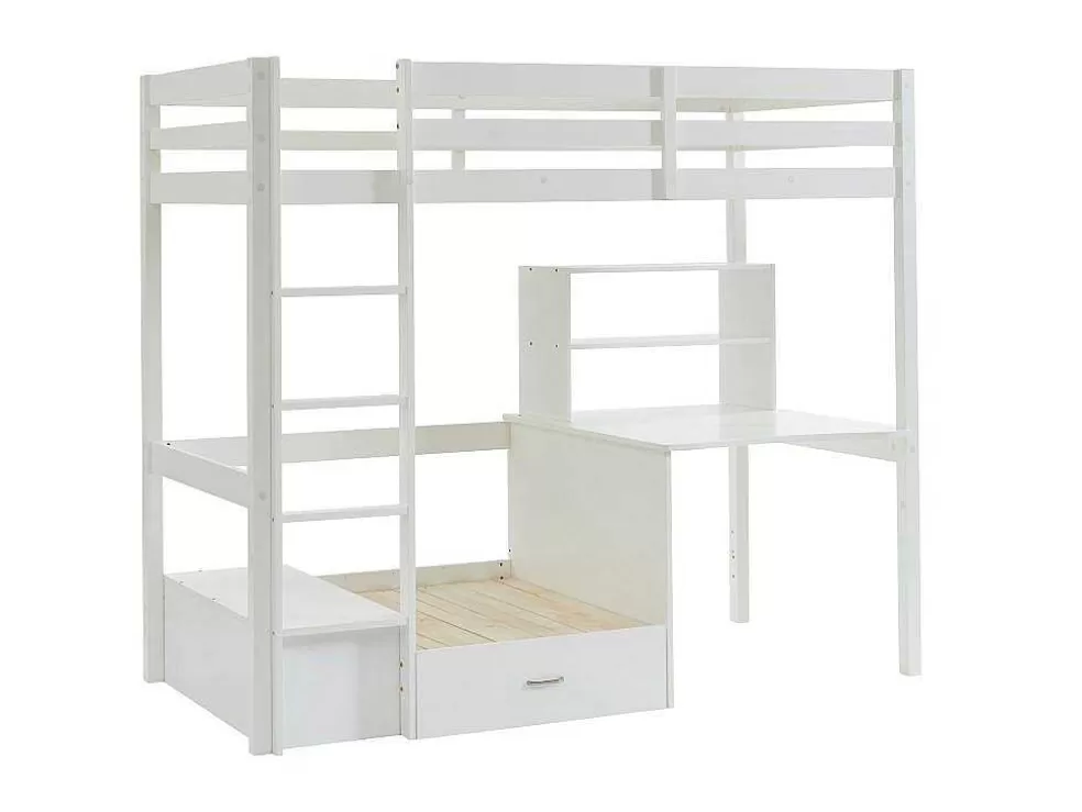 Vente-unique Cama Alta Com Secretária, Sofá Convertivel E Espacos De Arrumação De 90 X 200 Cm Em Pinho Macico Cor Esbranquicado - Goliath Iii* Cama De Criança
