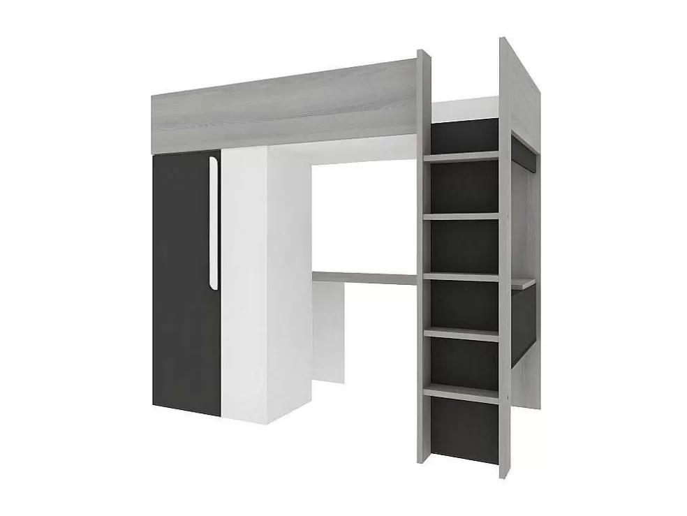 Vente-unique Cama Alta De 90 X 200 Cm Com Armário E Secretária Em Antracite E Branco - Nicolas* Cama Alta