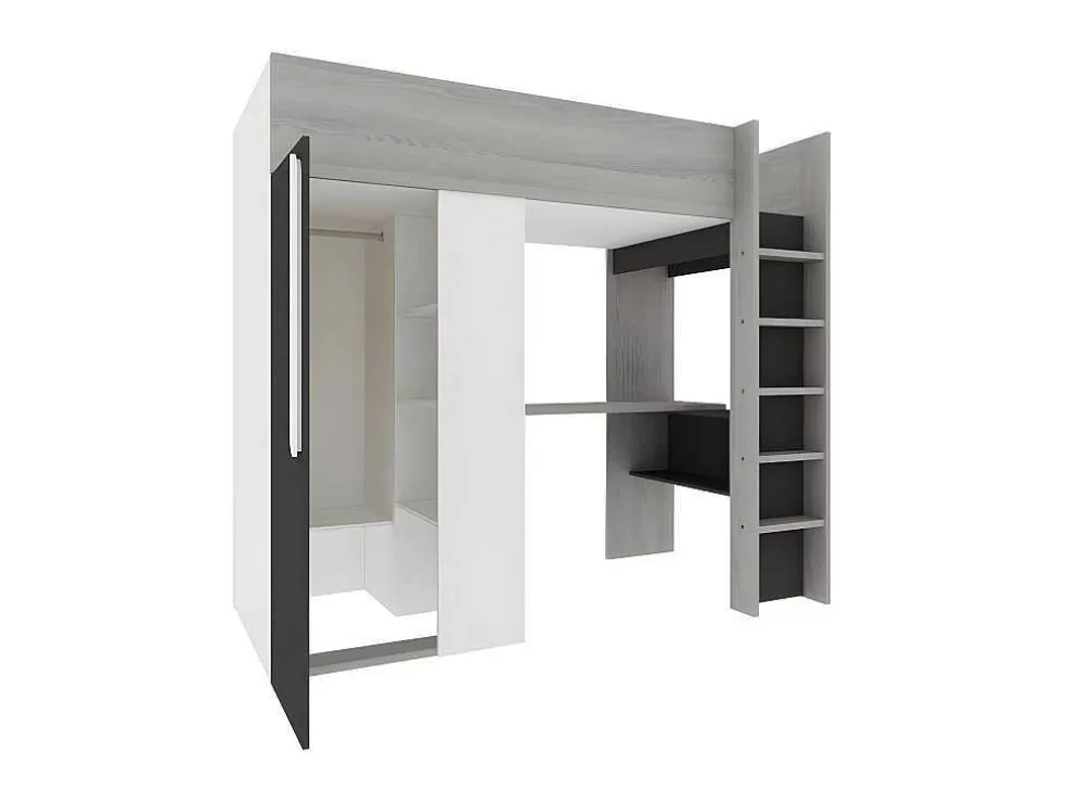 Vente-unique Cama Alta De 90 X 200 Cm Com Armário E Secretária Em Antracite E Branco - Nicolas* Cama Alta