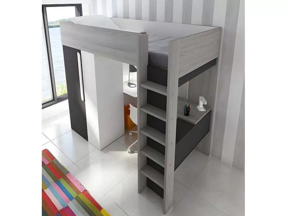 Vente-unique Cama Alta De 90 X 200 Cm Com Armário E Secretária Em Antracite E Branco - Nicolas* Cama Alta