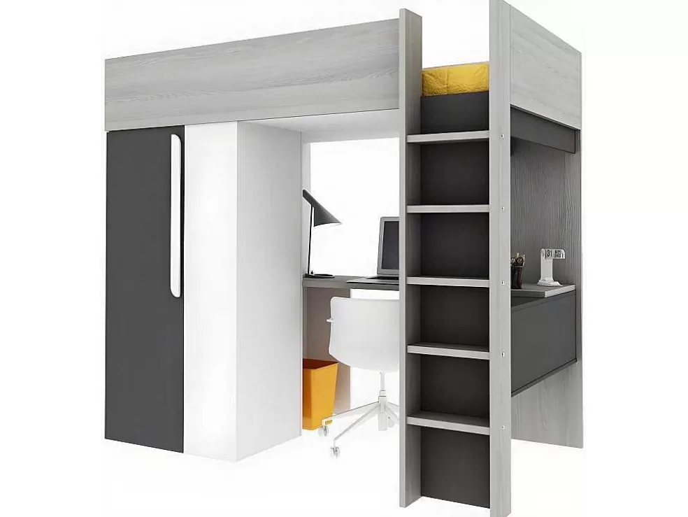 Vente-unique Cama Alta De 90 X 200 Cm Com Armário E Secretária Em Antracite E Branco - Nicolas* Cama Alta