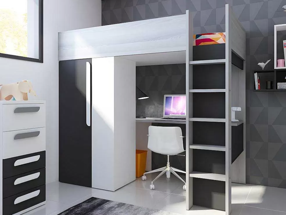 Vente-unique Cama Alta De 90 X 200 Cm Com Armário E Secretária Em Antracite E Branco - Nicolas* Cama Alta