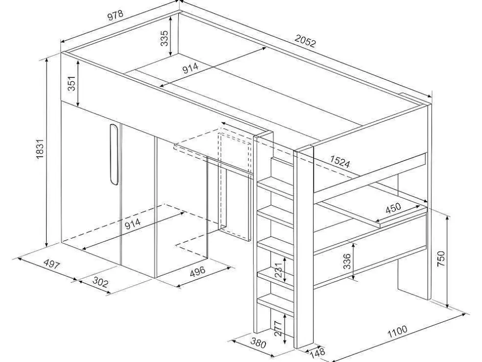 Vente-unique Cama Alta De 90 X 200 Cm Com Armário E Secretária Em Antracite E Branco - Nicolas* Cama Alta