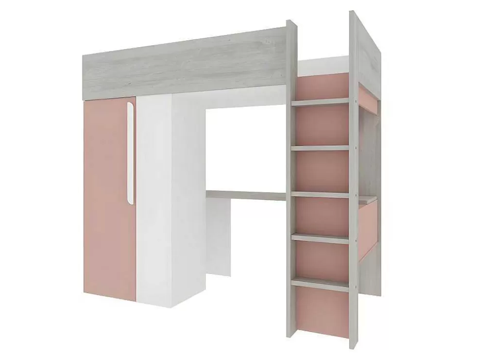 Vente-unique Cama Alta De 90 X 200 Cm Com Guarda-Roupa E Secretária Cor-De-Rosa E Branco + Colchão - Nicolas* Cama Alta