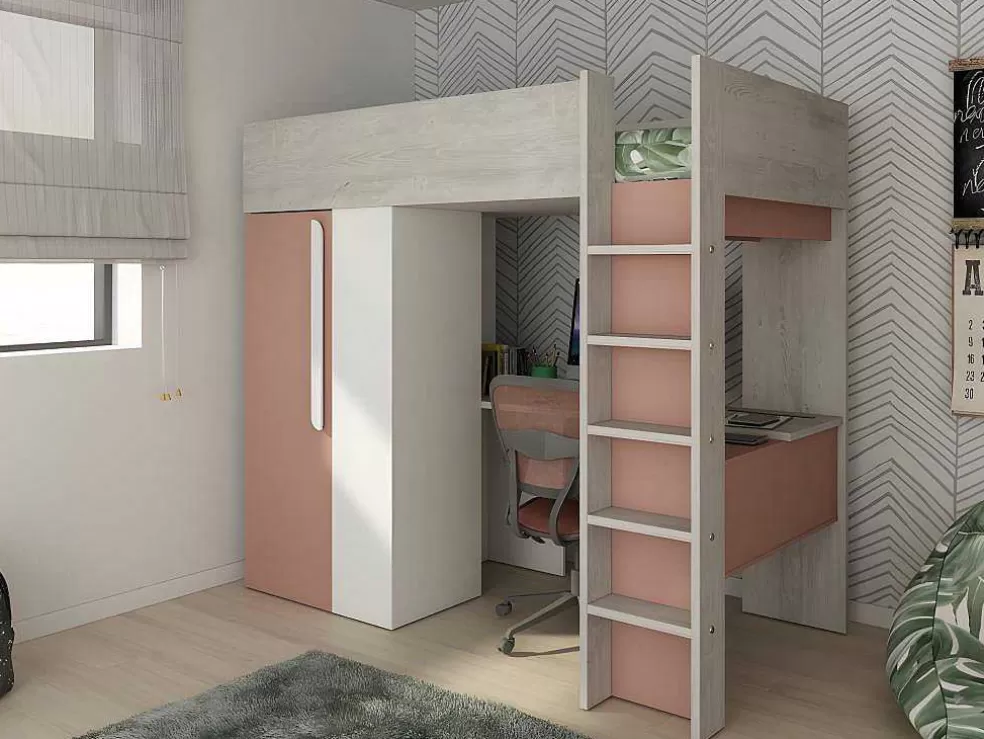 Vente-unique Cama Alta De 90 X 200 Cm Com Guarda-Roupa E Secretária Cor-De-Rosa E Branco + Colchão - Nicolas* Cama Alta