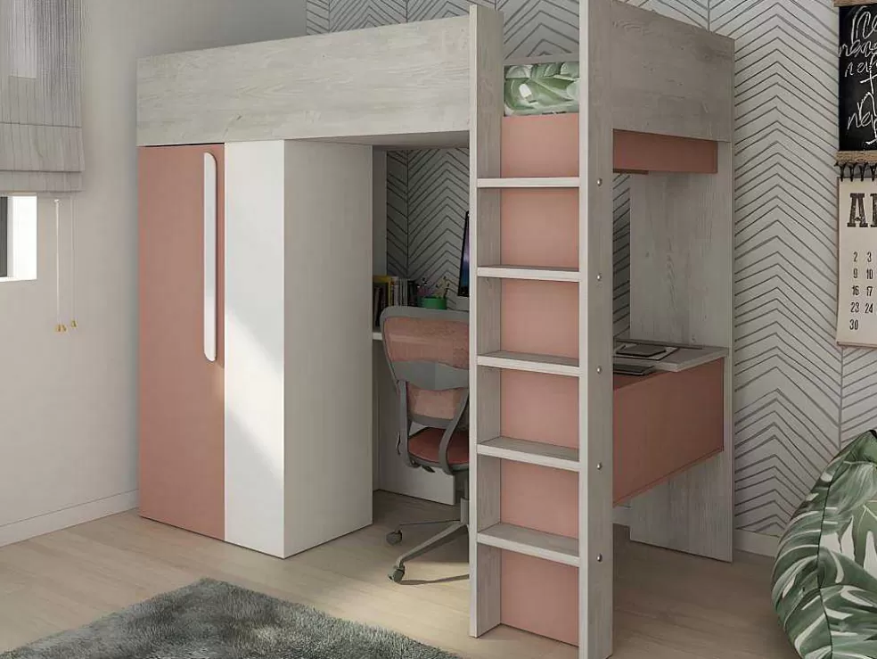 Vente-unique Cama Alta De 90 X 200 Cm Com Guarda-Roupa E Secretária Cor-De-Rosa E Branco + Colchão - Nicolas* Cama Alta