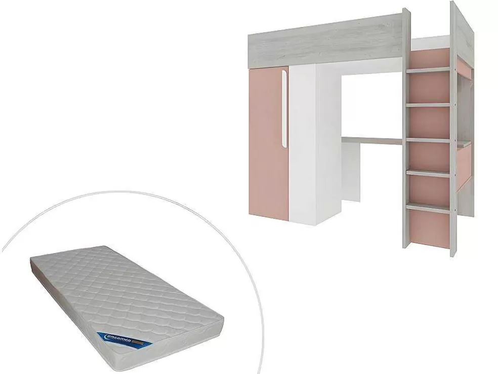 Vente-unique Cama Alta De 90 X 200 Cm Com Guarda-Roupa E Secretária Cor-De-Rosa E Branco + Colchão - Nicolas* Cama Alta